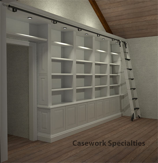 Wood wall bookcases with rolling ladders